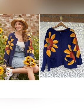 UNIF Sunflower Knit Cardigan Blue Yellow Y2K Grunge Indie Sweater Medium